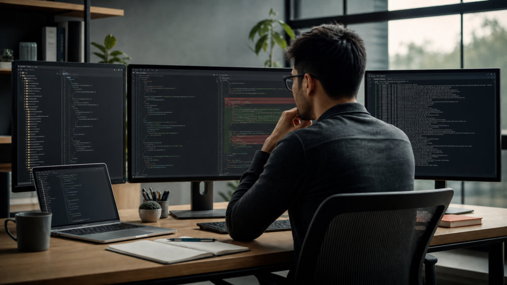 Developer reviewing parallel Codex coding-agent workspaces with code, diffs, and test output