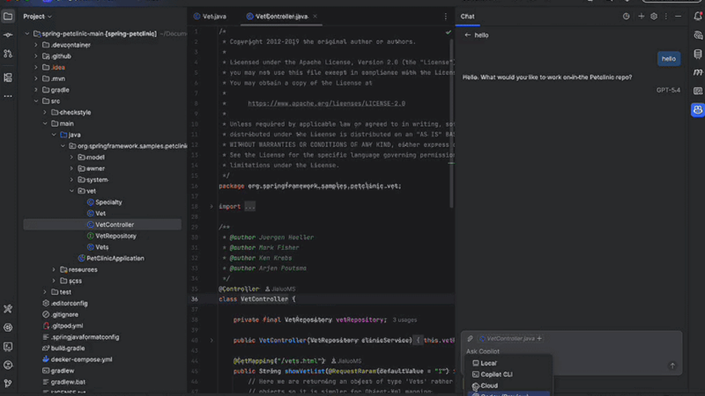 Codex selected as an agent provider in GitHub Copilot Chat for JetBrains