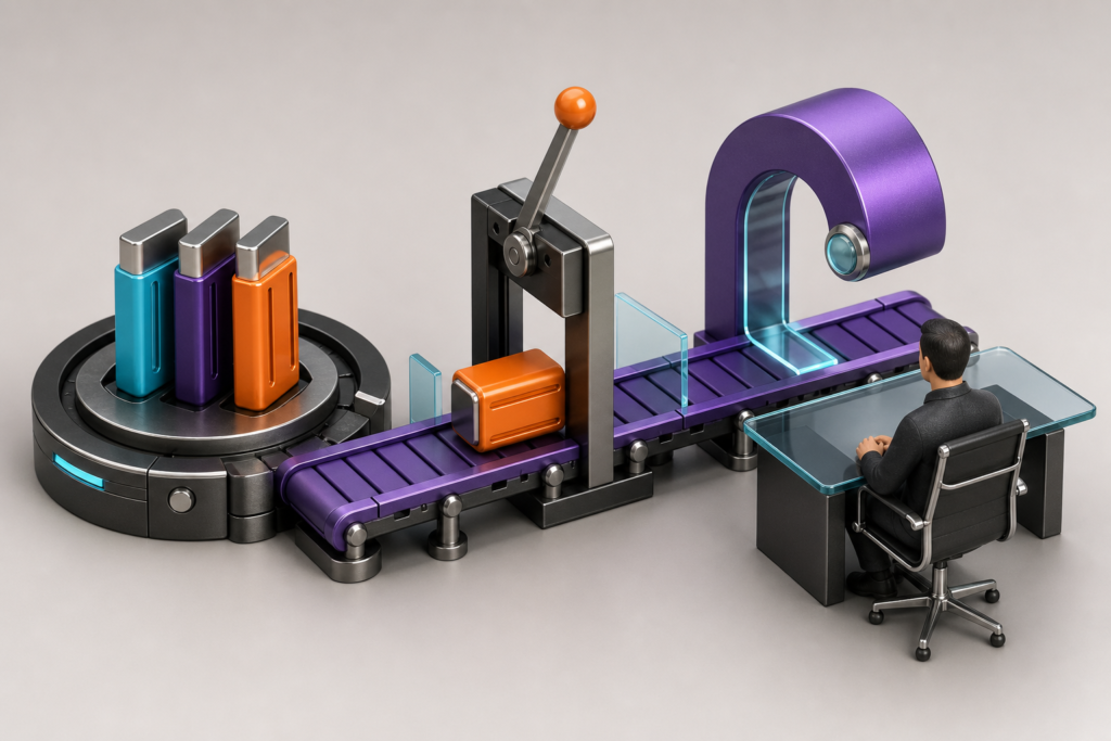 One optional agent cartridge passes through approval and inspection stations to a human review desk