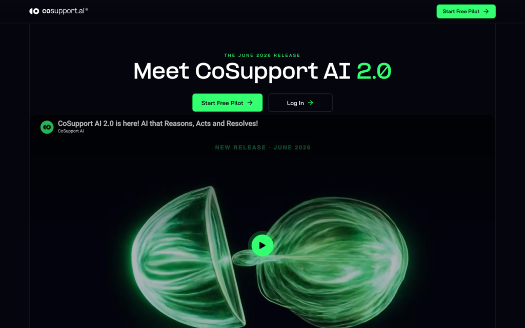 CoSupport AI 2.0 release page showing the product name and June 2026 launch artwork