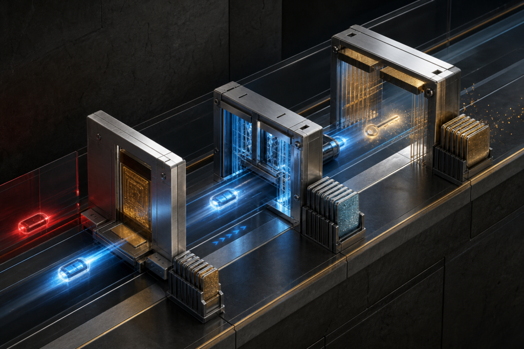 A temporary task credential passes through three distinct authorization gates