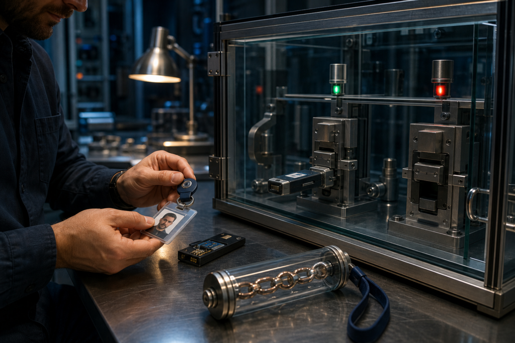 Security engineer assembles short-lived identity factors beside a mechanical authorization test rig