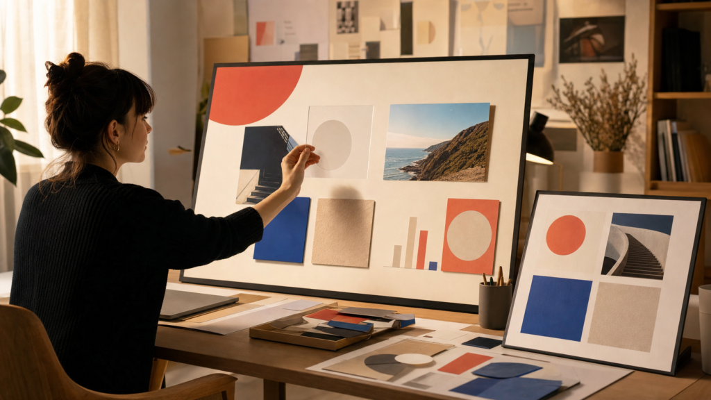 Designer assembles editable presentation elements in a warm studio