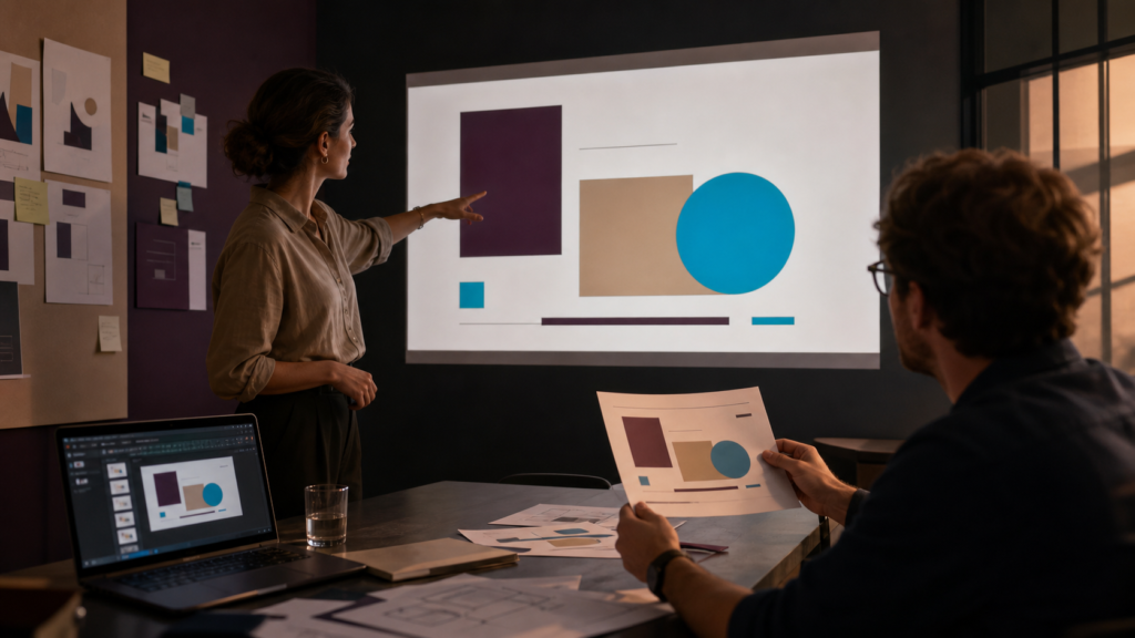 Presentation team reviews an editable AI-generated slide before export