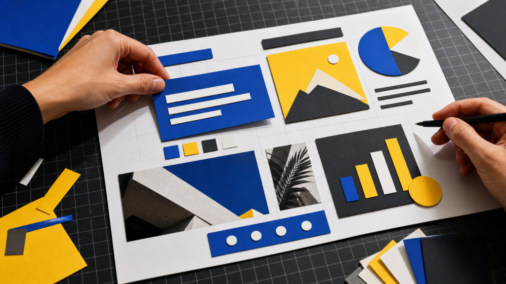 Movable paper slide elements demonstrate an editable presentation canvas