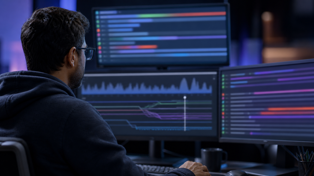 Site-reliability engineer tracing an AI-assisted incident from terminal output into operational telemetry