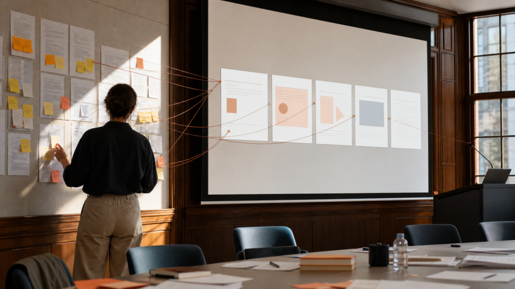 Research wall connects source evidence to a refined presentation sequence