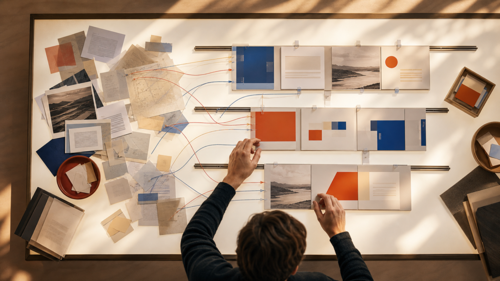 Presentation designer connects research materials to editable slide blocks on a light table