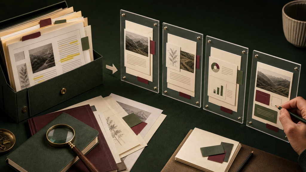 Research sources become a sequence of editable presentation frames