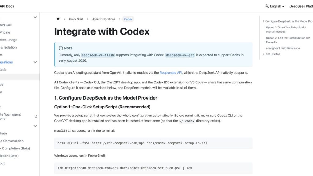 DeepSeek API documentation showing native Codex integration for V4-Flash