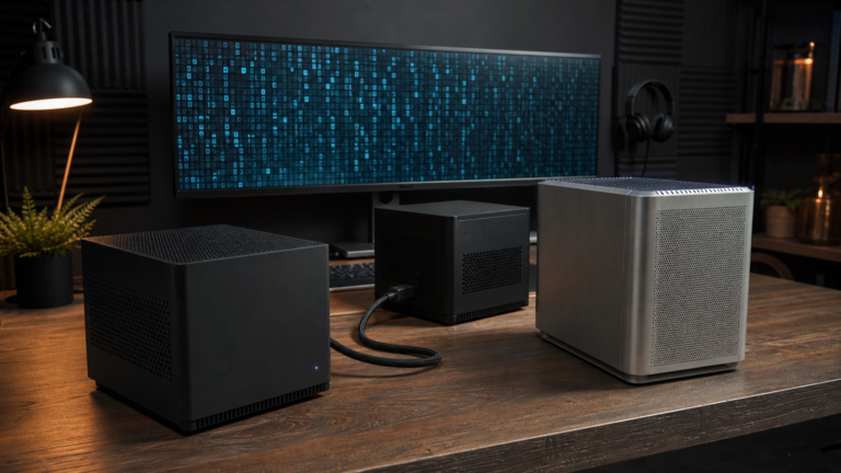 Two compact AI computers linked beside a larger high-memory workstation in a local AI lab