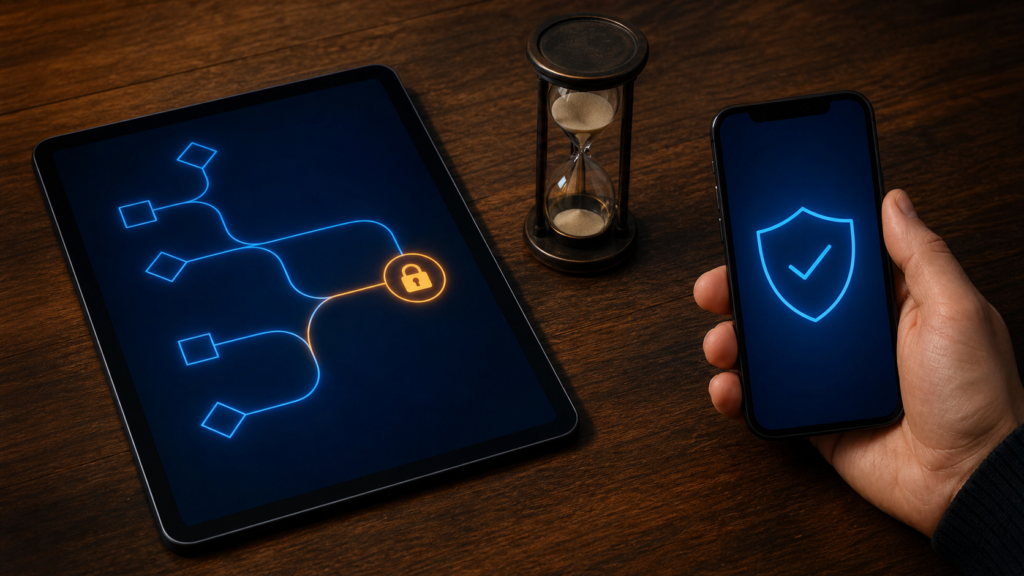 Separate tablet, approval phone and sand timer illustrating a time-bounded identity change