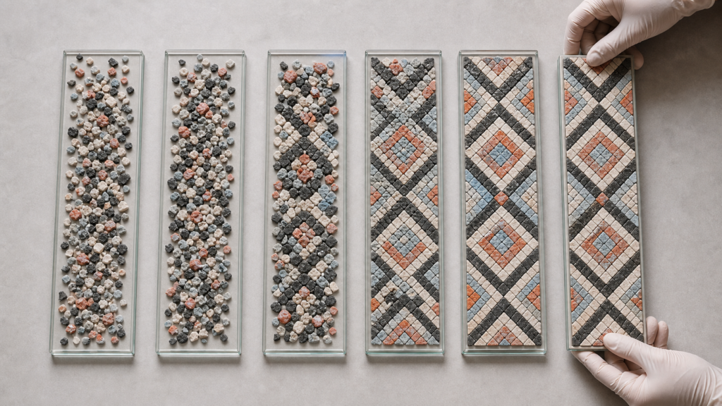 Six parallel mineral channels resolve from scattered grains into coherent mosaics