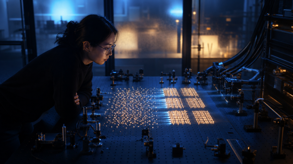 Researcher observing scattered light particles resolve into parallel token blocks