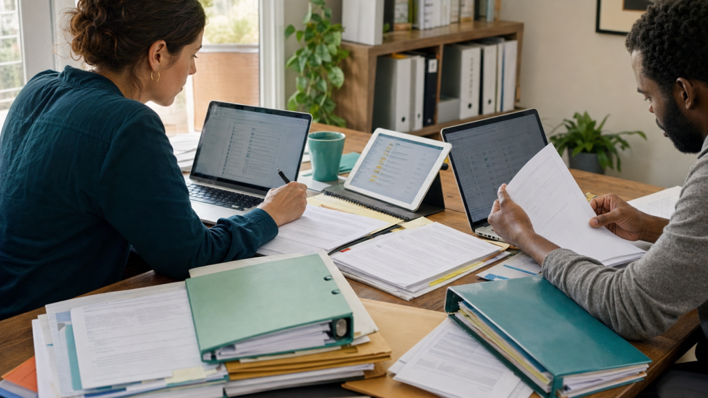 Nonprofit staff reconciling grant and programme documents across several work devices