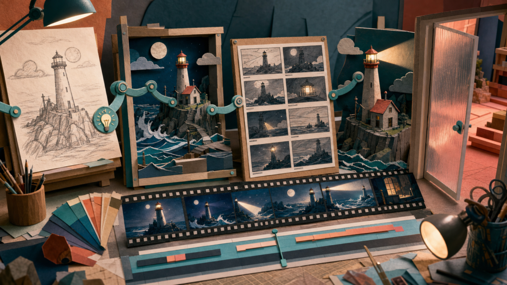 A lighthouse concept advances through storyboard, miniature set and video timeline