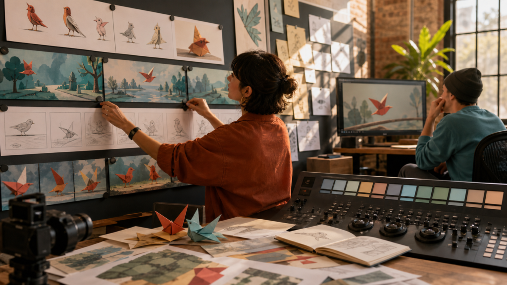 Animation team reviews an original paper-bird storyboard and motion sequence