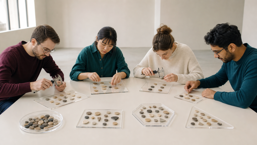 Researchers measuring comparable evaluation evidence across transparent plates and tokens