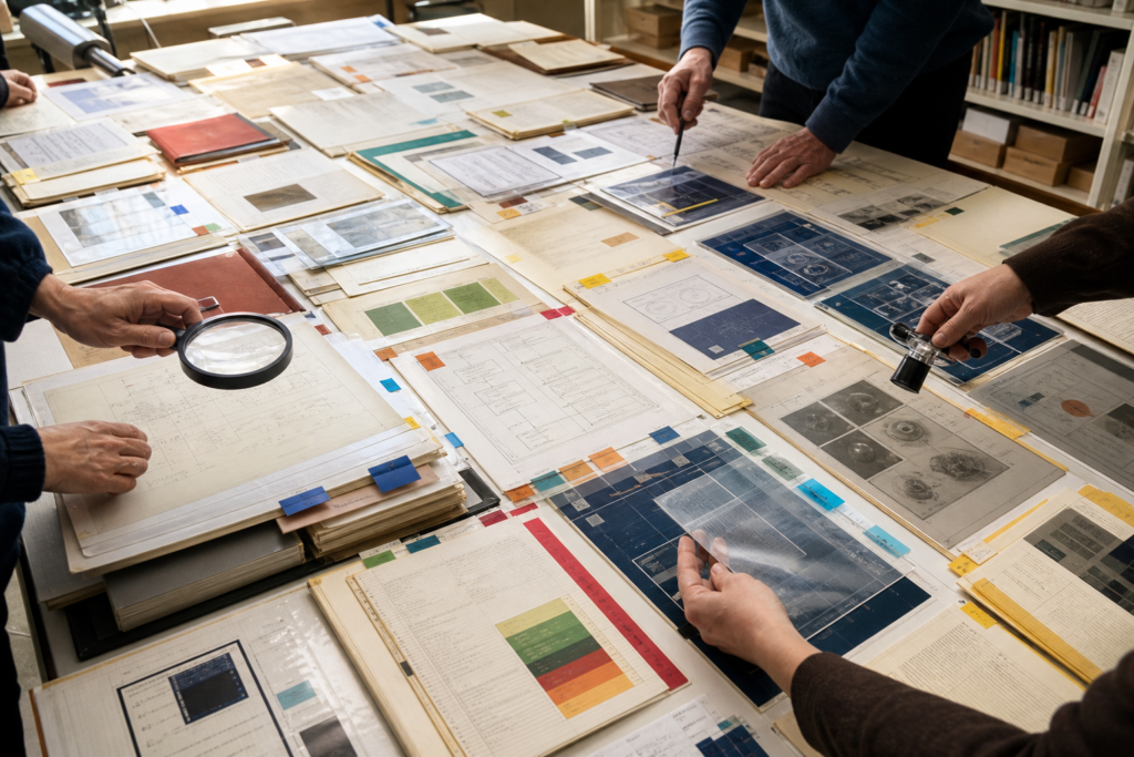 Researchers inspect evaluation dossiers, provenance tabs and comparison evidence on a large archive table