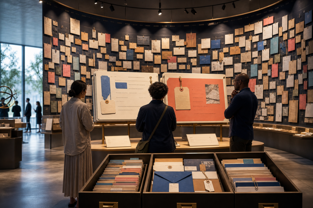 Visitors compare evaluation-card exhibits in a public research gallery