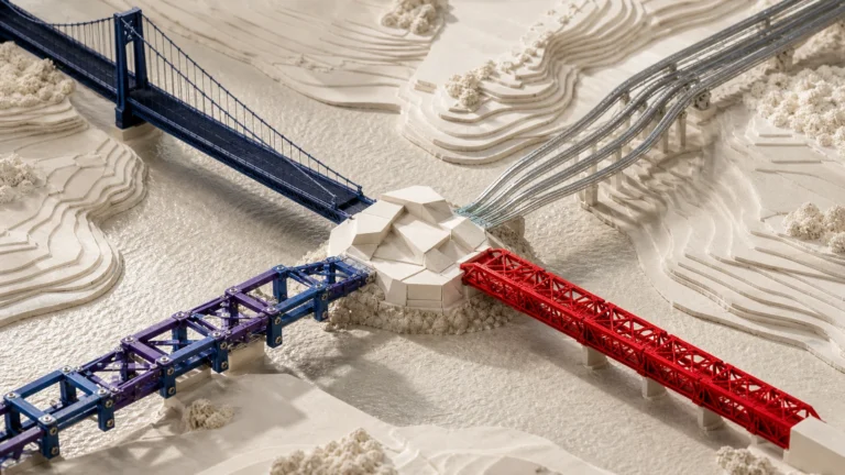 Four different bridges converging on one central benchmark island, representing Fable 5, Sol Ultra, Opus 5 and Kimi K3.