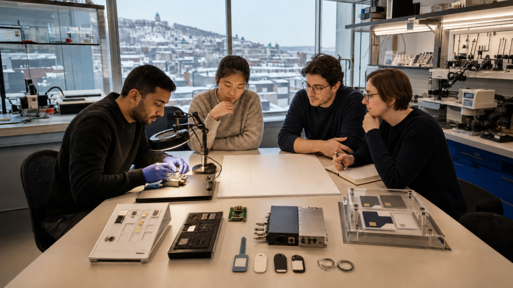 Researchers review unlabeled security hardware in a Montréal laboratory