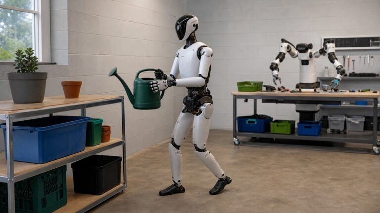 Humanoid robot carrying a watering can while a dual-arm robot works at a lab bench, illustrating Gemini Robotics 2 whole-body intelligence