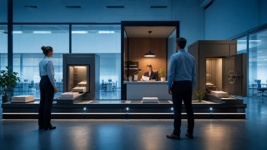 Enterprise team supervising documents moving through guarded workflow vaults