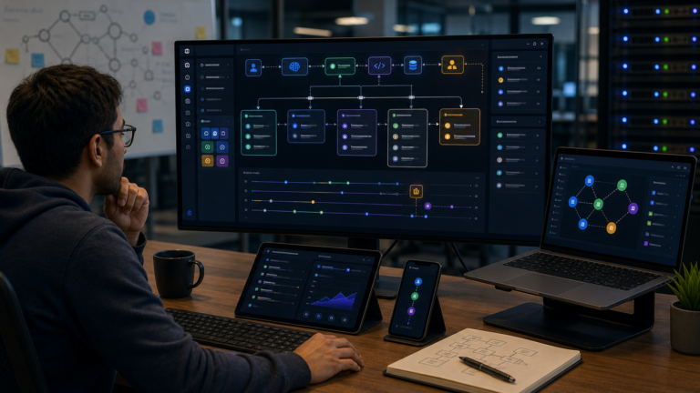 Editorial image of a full-stack AI agent development canvas with sessions, tools, streaming, and approval checkpoints.