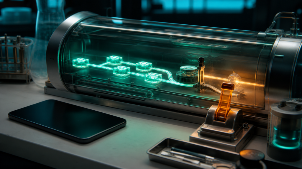 A glass state pipeline continues through a guarded approval lever into a detached chamber
