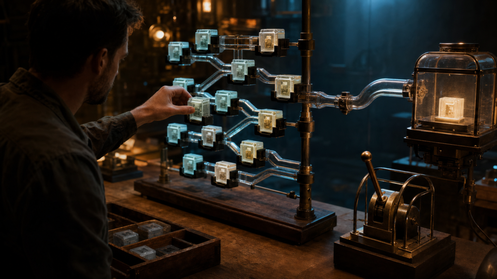 Developer selecting a state cartridge from branching snapshot channels beside an approval lever