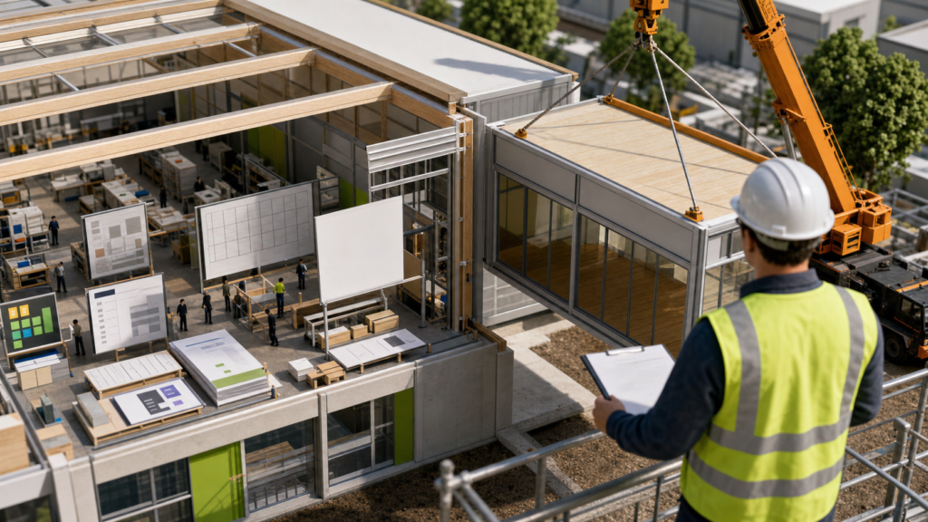A reviewer watches a crane add one modular bay to a knowledge-work workshop