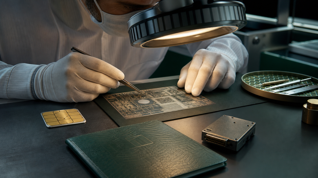 Security specialist inspects identity, payment and secure-hardware materials