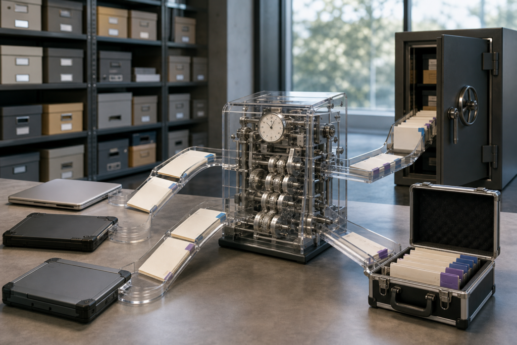 Sealed event packets move from closed work devices through a timestamp sorter into an audit archive