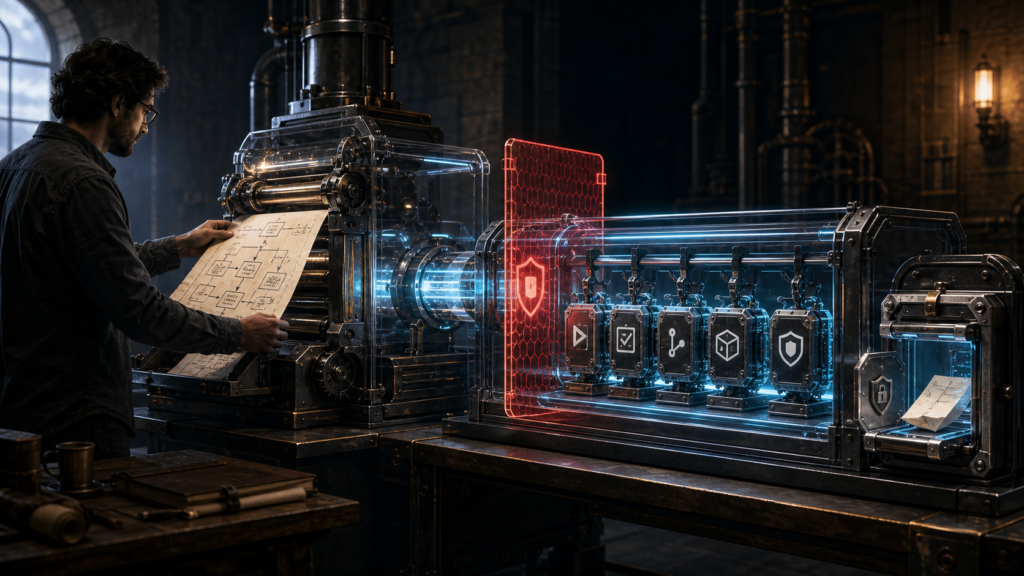 Engineer feeds a workflow blueprint into a guarded compiler and sandbox