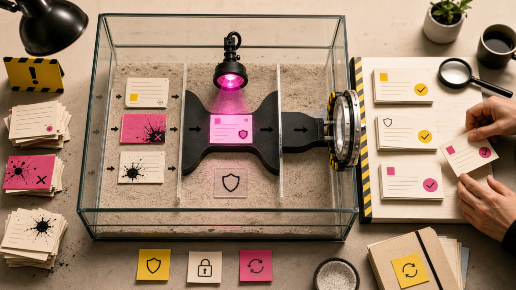 Repository task cards pass through a sandbox, threat scan and human review table
