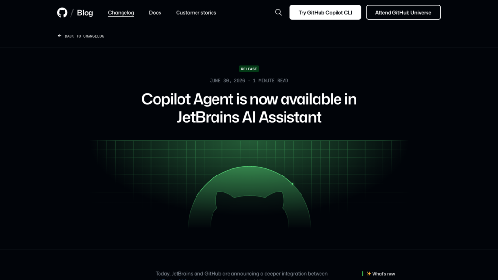 GitHub’s official Copilot Agent announcement for JetBrains AI Assistant