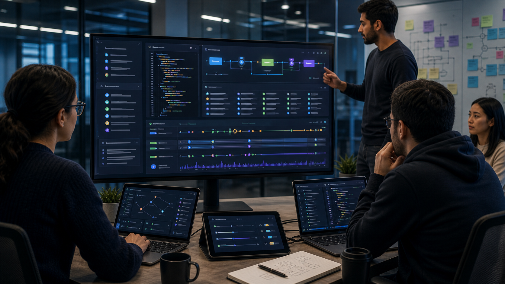 Editorial image of real-time coding agent session streaming and developer review workflows.
