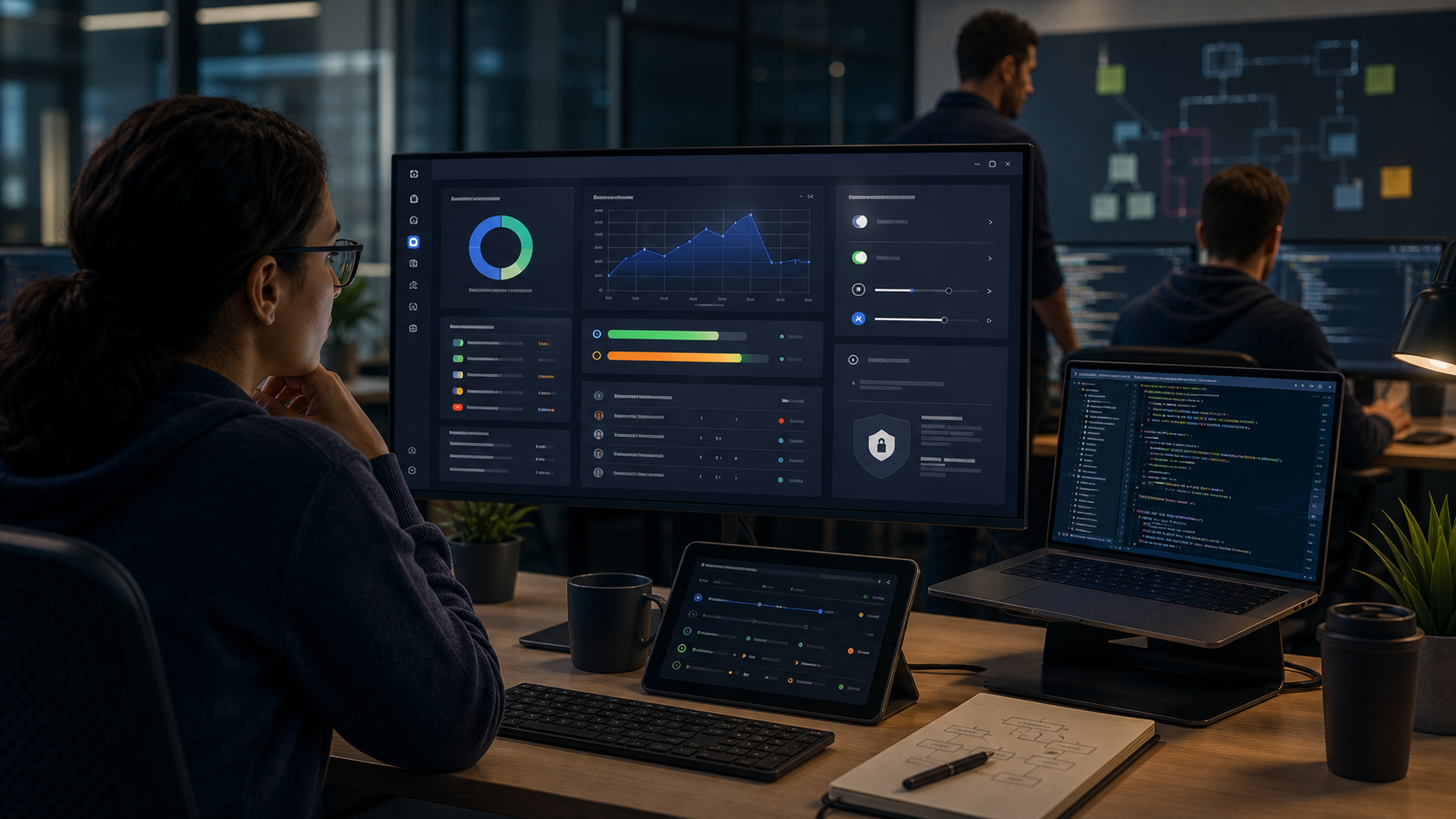 Editorial image of a developer operations dashboard for GitHub Copilot AI agent session limits and governance controls.