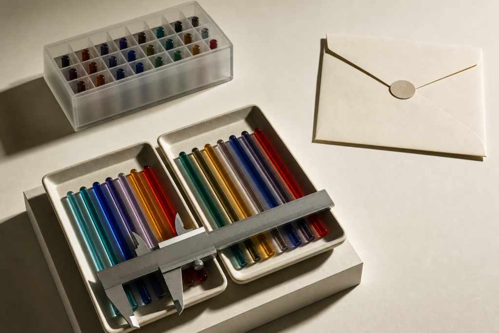 Measured glass rods fill daily trays while a separate sealed billing envelope remains apart