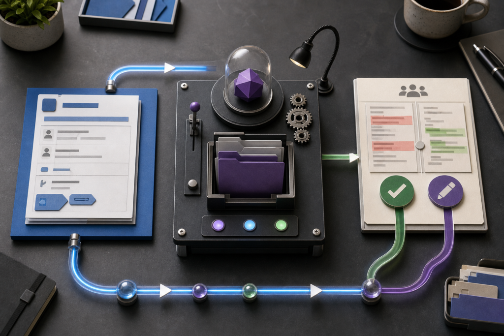 A work ticket moves through an agent workbench to a human review decision
