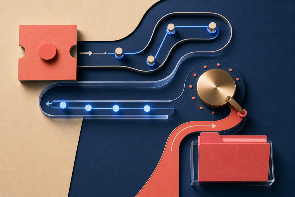 A work ticket sends progress around a track and a human steering dial routes a follow-up to the same change folder