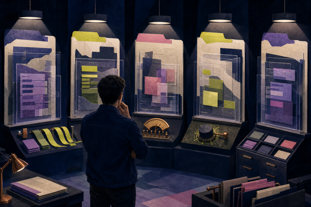 A developer studies five distinct release stations in an indigo technical archive