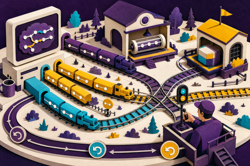Three branch trains pass through commit and conflict stations under a human review signal