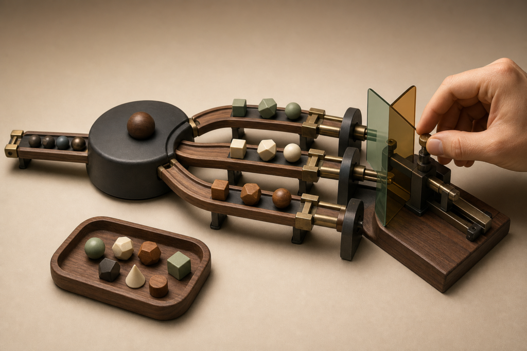 Three material branch tracks meet at a hand-operated conflict alignment jig
