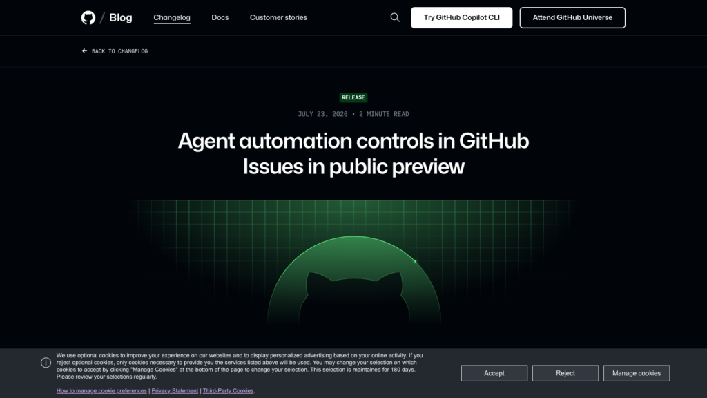 GitHub official changelog page for agent automation controls in Issues