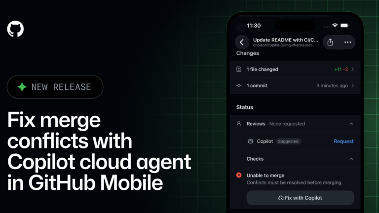 GitHub Mobile showing Fix with Copilot for a pull request merge conflict