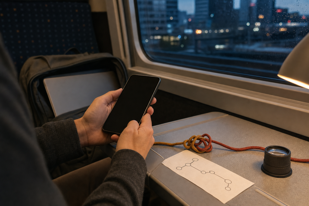 A phone beside tangled branch cords on a train table emphasizes cautious remote handoff
