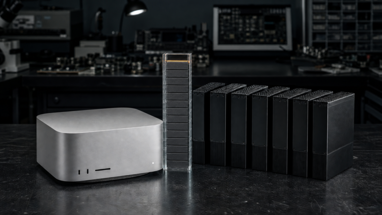 A Mac Studio beside model-weight modules and a nearly full memory gauge with a razor-thin amber margin