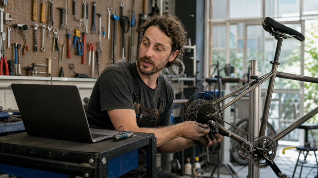 Bicycle mechanic speaks with a laptop while keeping both hands on a repair